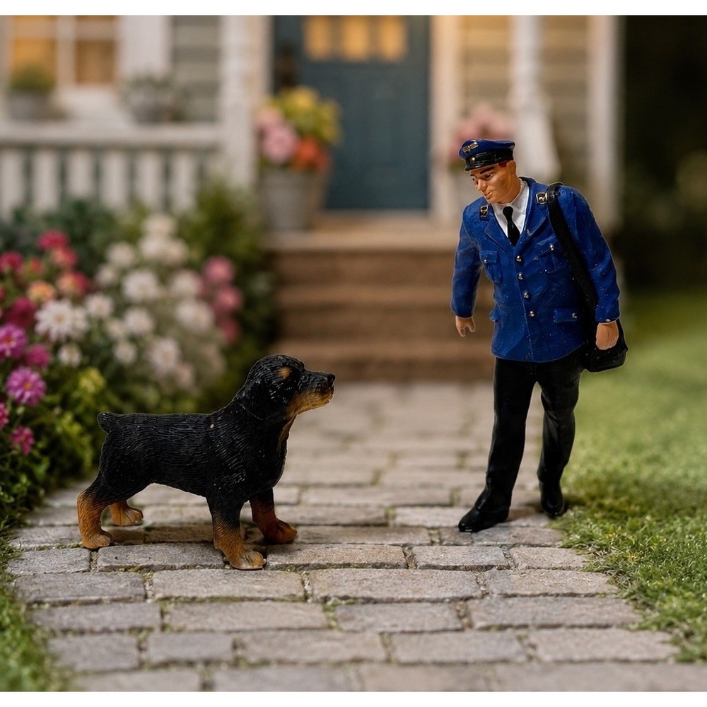 Vintage 1:12 Dollhouse Miniature Mailman & Rottweiler Dog Resin Set of 2
